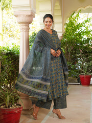 Women Olive Rayon Blend Floral Printed A-Line Kurta Palazzo With Dupatta-VKSKD2329