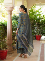 Women Olive Rayon Blend Floral Printed A-Line Kurta Palazzo With Dupatta-VKSKD2329