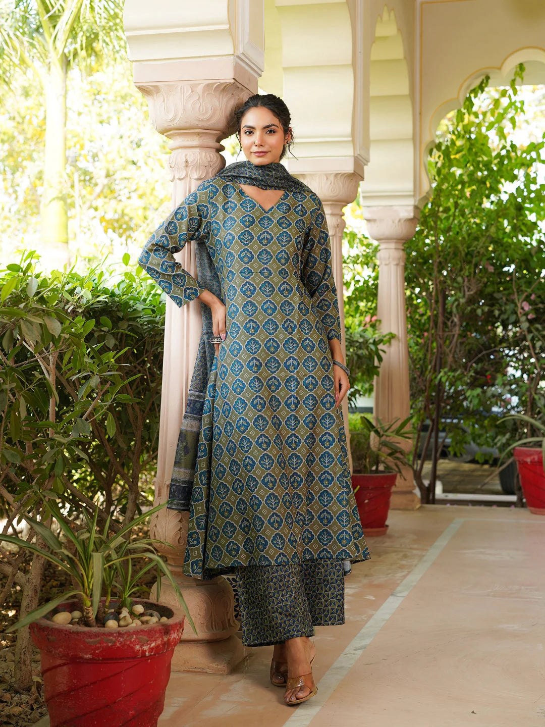 Women Olive Rayon Blend Floral Printed A-Line Kurta Palazzo With Dupatta