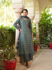 Women Olive Rayon Blend Floral Printed A-Line Kurta Palazzo With Dupatta-VKSKD2329