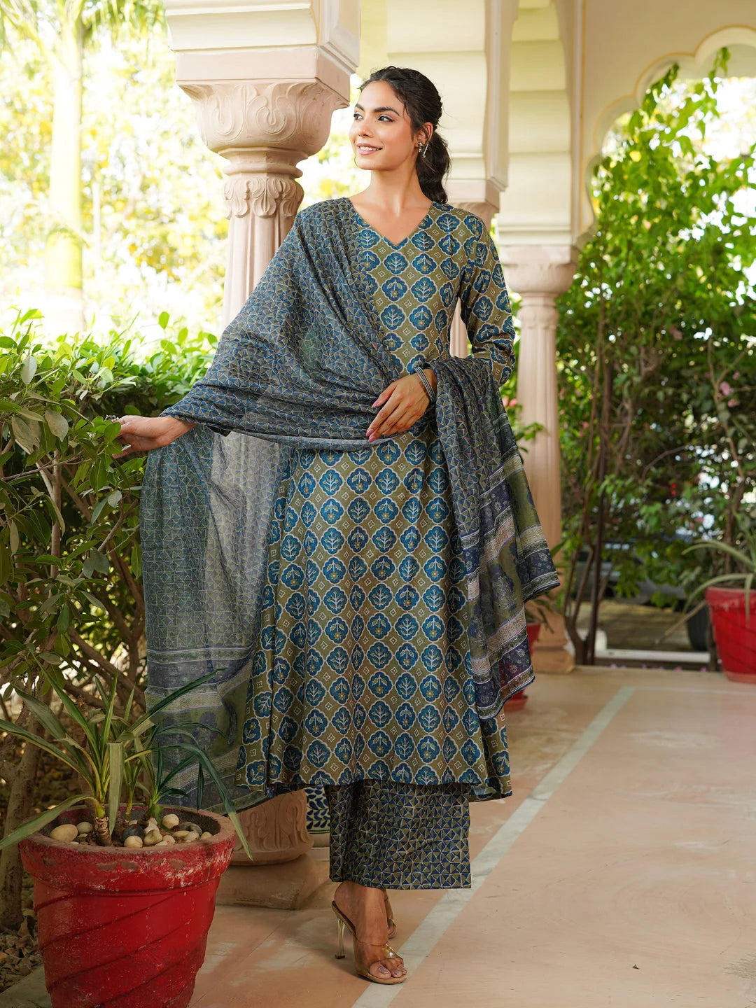 Women Olive Rayon Blend Floral Printed A-Line Kurta Palazzo With Dupatta