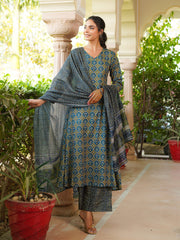 Women Olive Rayon Blend Floral Printed A-Line Kurta Palazzo With Dupatta-VKSKD2329