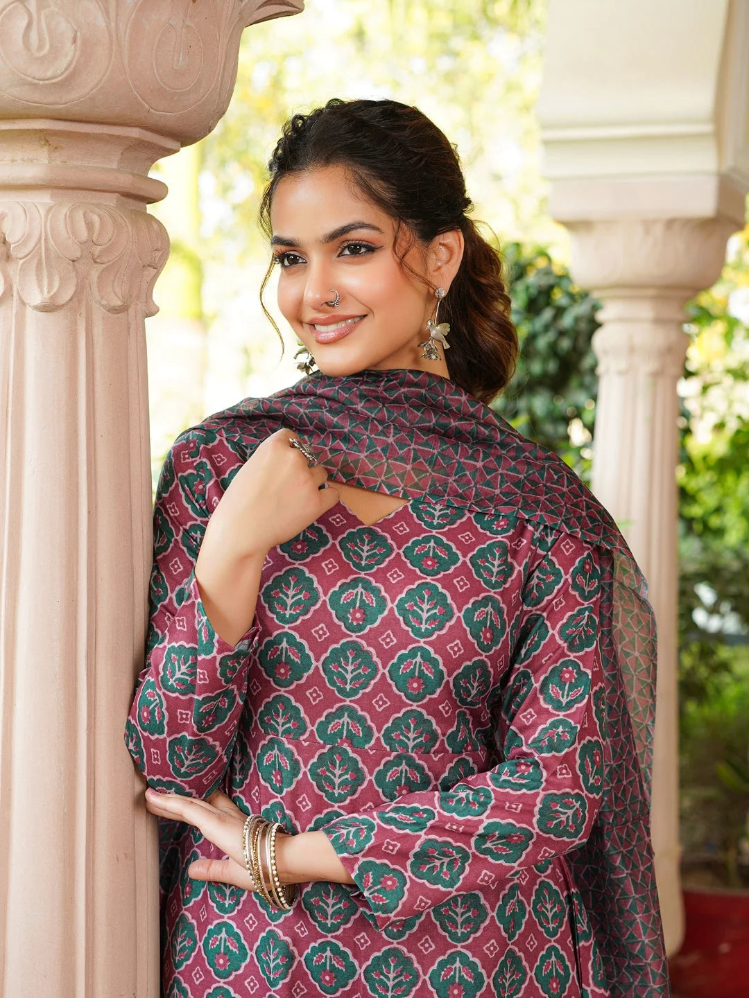 Women Maroon Rayon Blend Floral Printed A-Line Kurta Palazzo With Dupatta-VKSKD2330