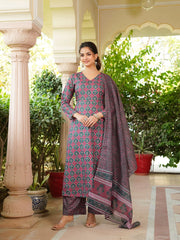 Women Maroon Rayon Blend Floral Printed A-Line Kurta Palazzo With Dupatta-VKSKD2330