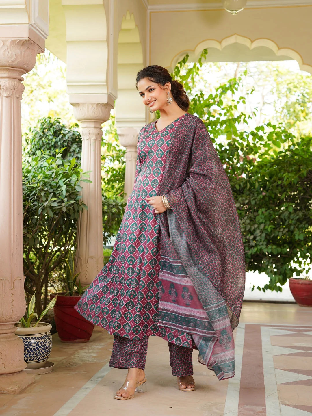 Women Maroon Rayon Blend Floral Printed A-Line Kurta Palazzo With Dupatta