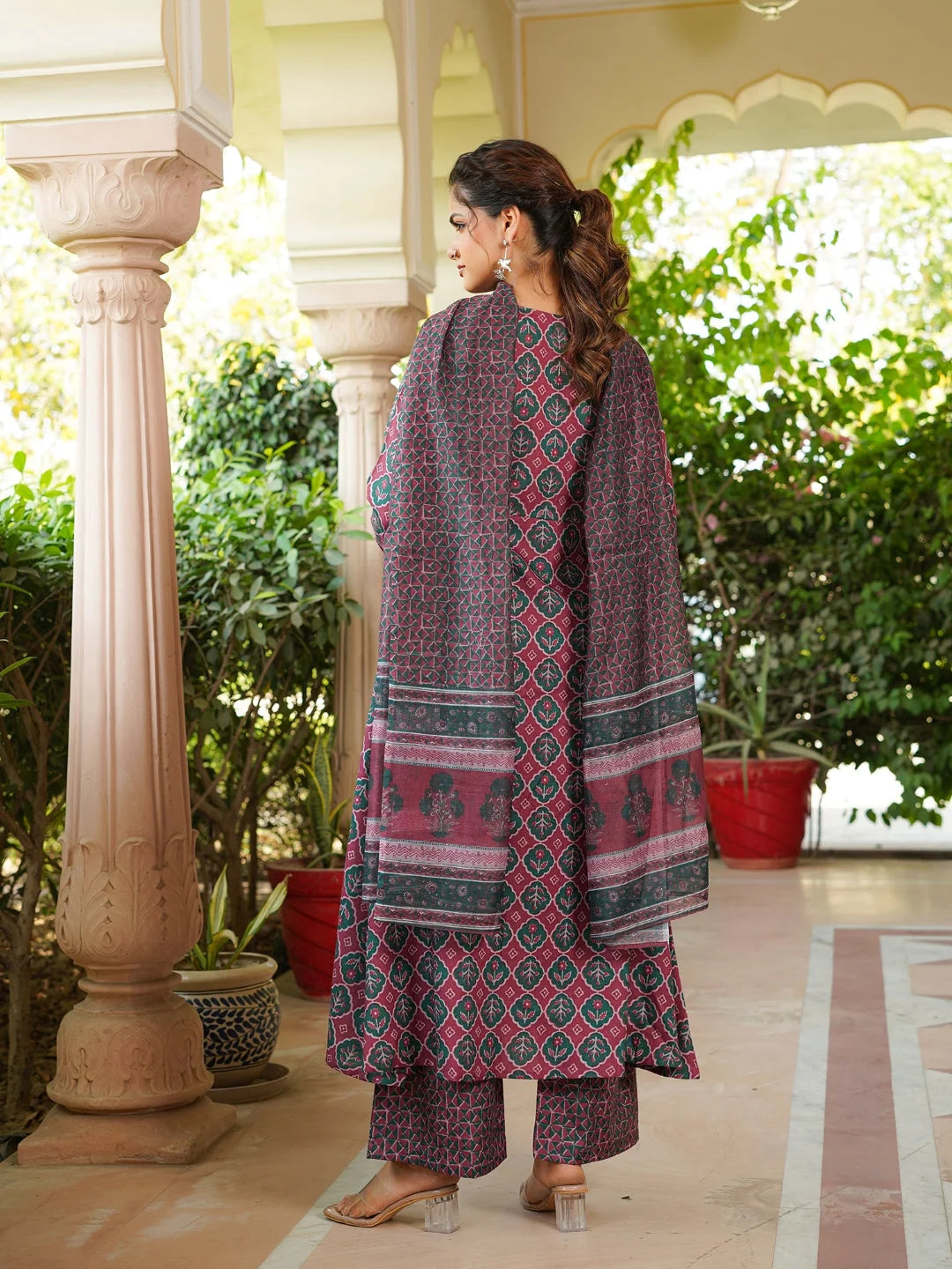 Women Maroon Rayon Blend Floral Printed A-Line Kurta Palazzo With Dupatta