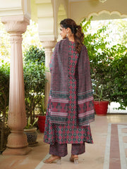 Women Maroon Rayon Blend Floral Printed A-Line Kurta Palazzo With Dupatta-VKSKD2330