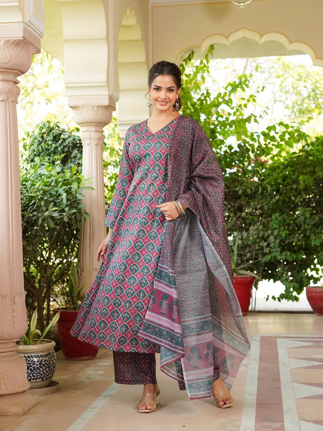 Women Maroon Rayon Blend Floral Printed A-Line Kurta Palazzo With Dupatta