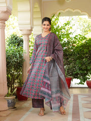 Women Maroon Rayon Blend Floral Printed A-Line Kurta Palazzo With Dupatta-VKSKD2330