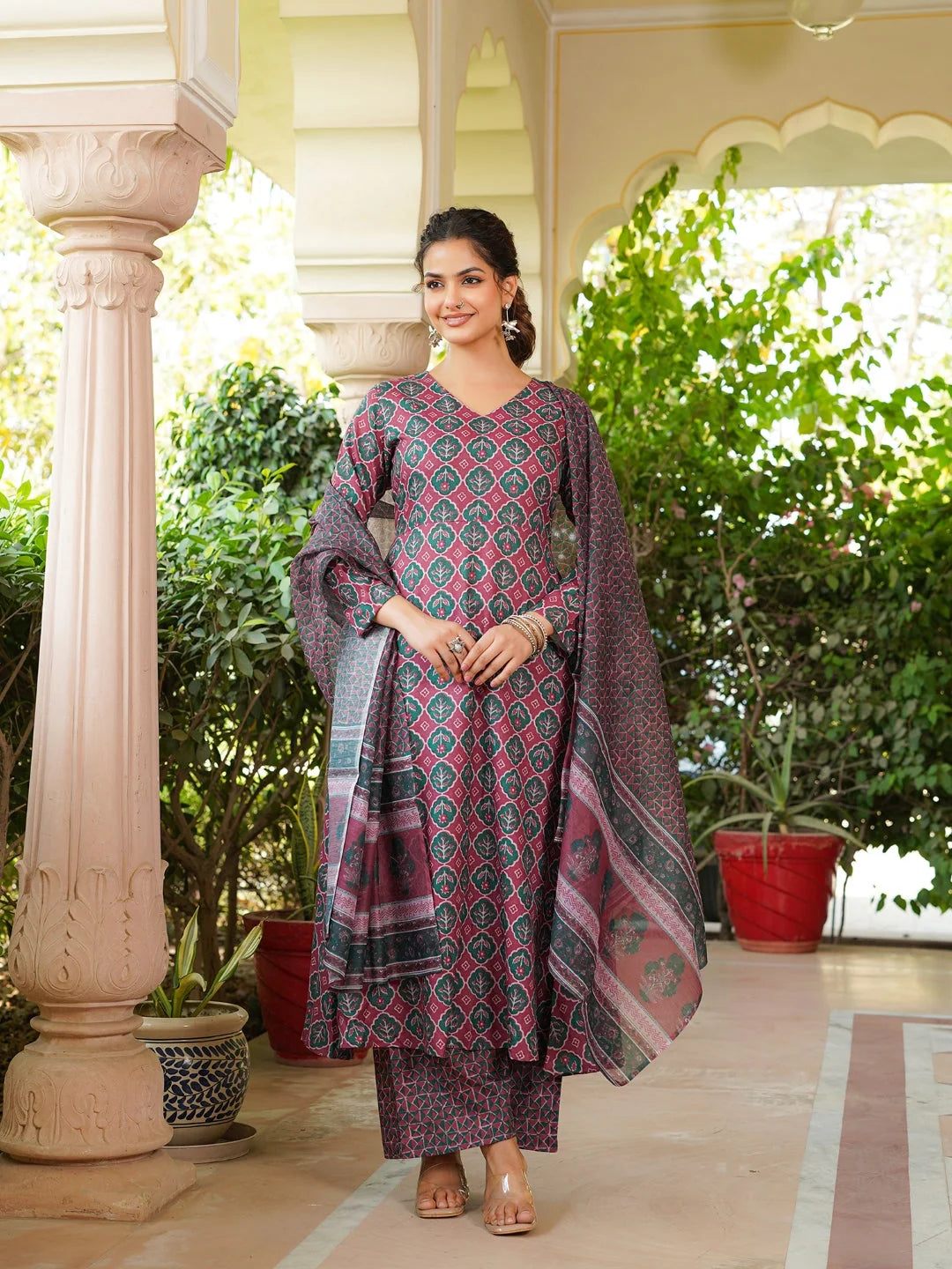 Women Maroon Rayon Blend Floral Printed A-Line Kurta Palazzo With Dupatta