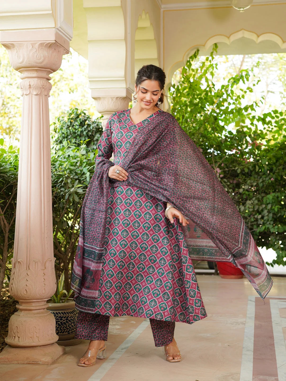 Women Maroon Rayon Blend Floral Printed A-Line Kurta Palazzo With Dupatta