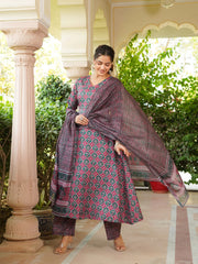 Women Maroon Rayon Blend Floral Printed A-Line Kurta Palazzo With Dupatta-VKSKD2330