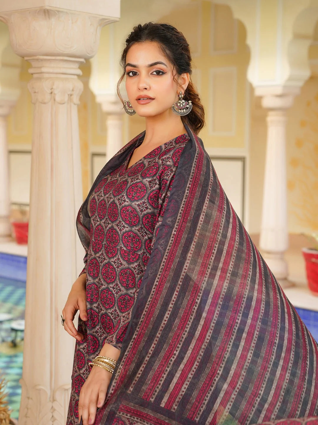 Women Pink Rayon Blend Floral Printed A-Line Kurta Palazzo With Dupatta