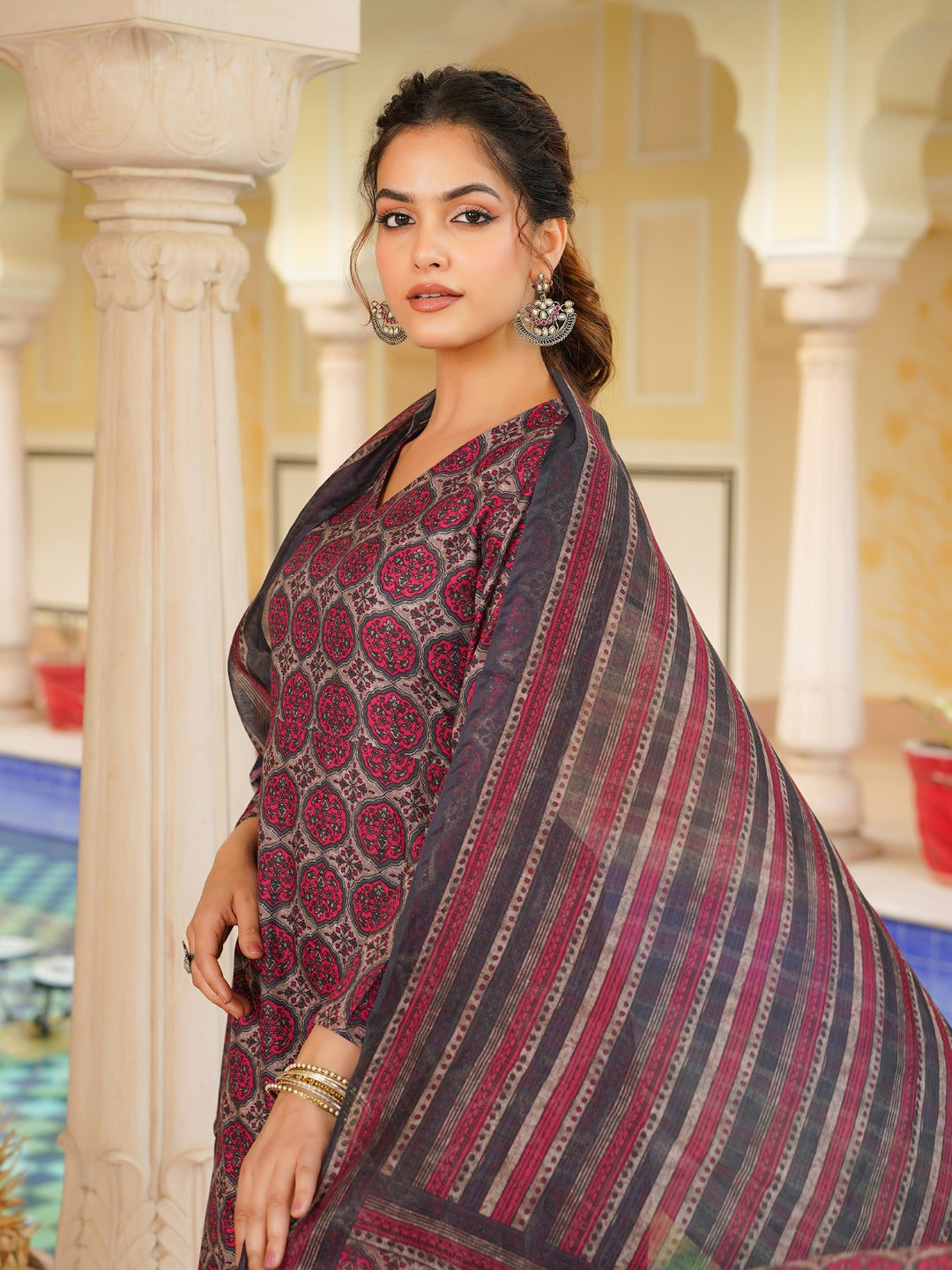 Women Pink Rayon Blend Floral Printed A-Line Kurta Palazzo With Dupatta-VKSKD2331