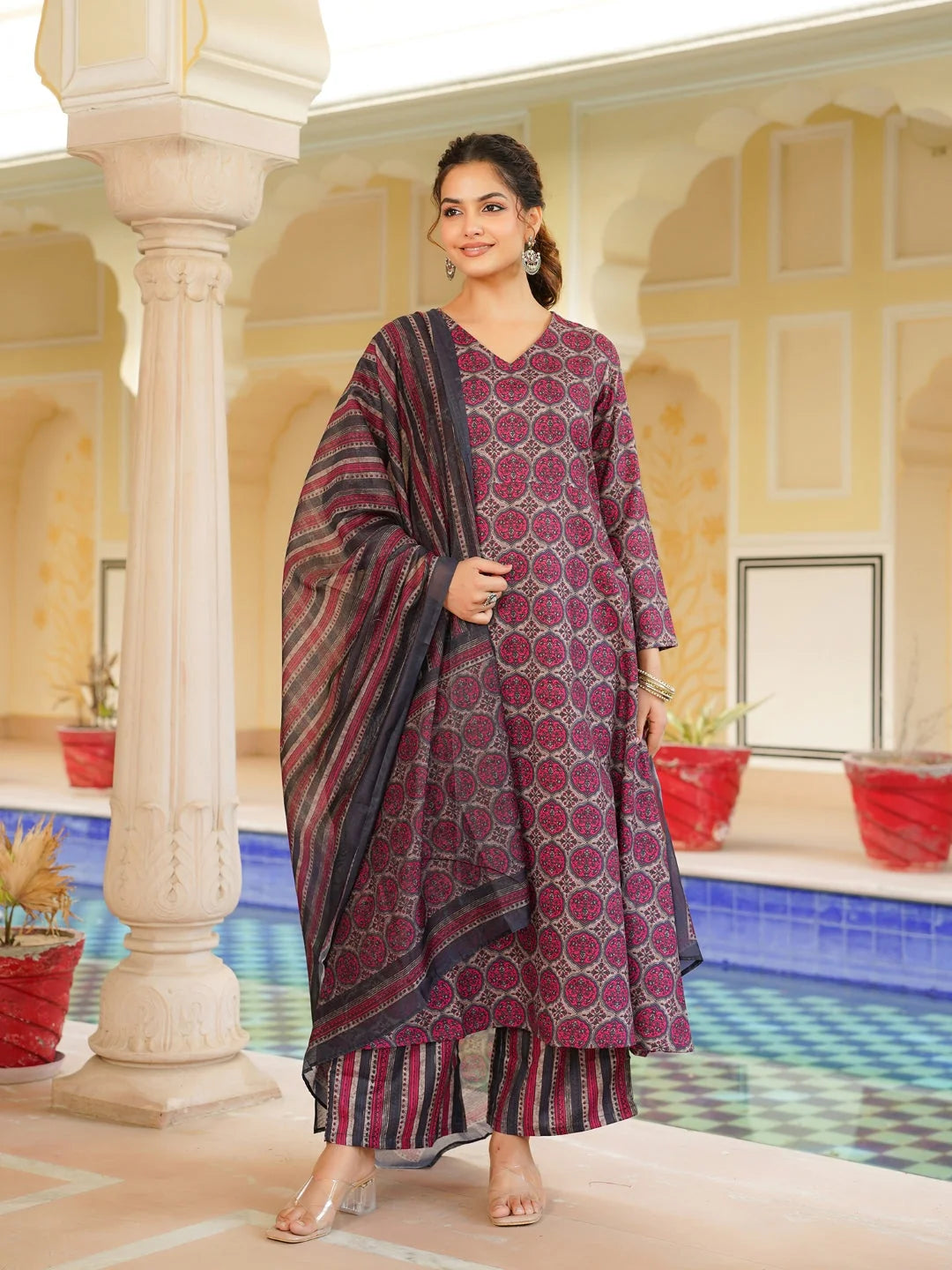 Women Pink Rayon Blend Floral Printed A-Line Kurta Palazzo With Dupatta