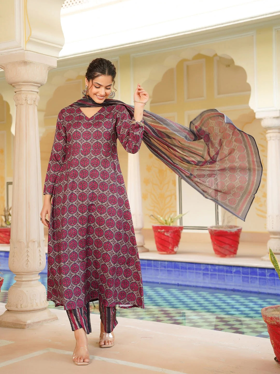 Women Pink Rayon Blend Floral Printed A-Line Kurta Palazzo With Dupatta