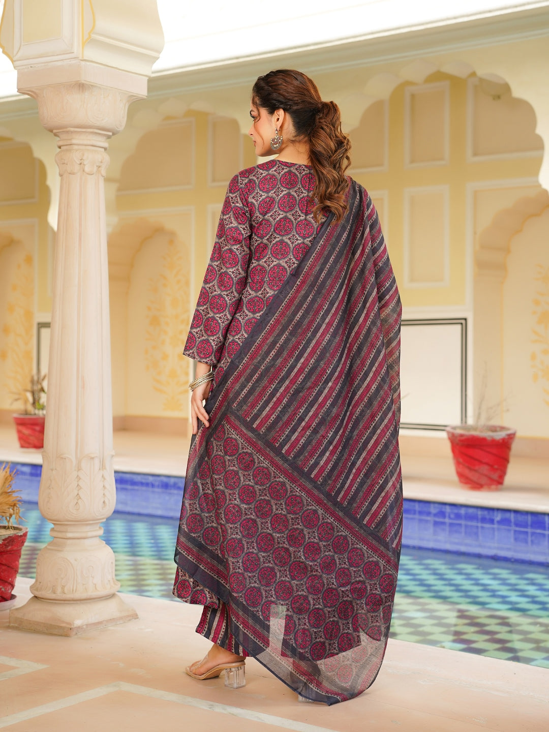 Women Pink Rayon Blend Floral Printed A-Line Kurta Palazzo With Dupatta