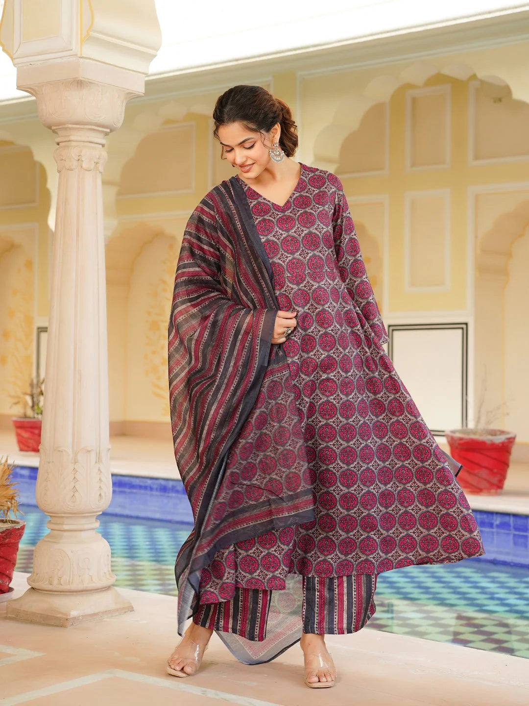 Women Pink Rayon Blend Floral Printed A-Line Kurta Palazzo With Dupatta