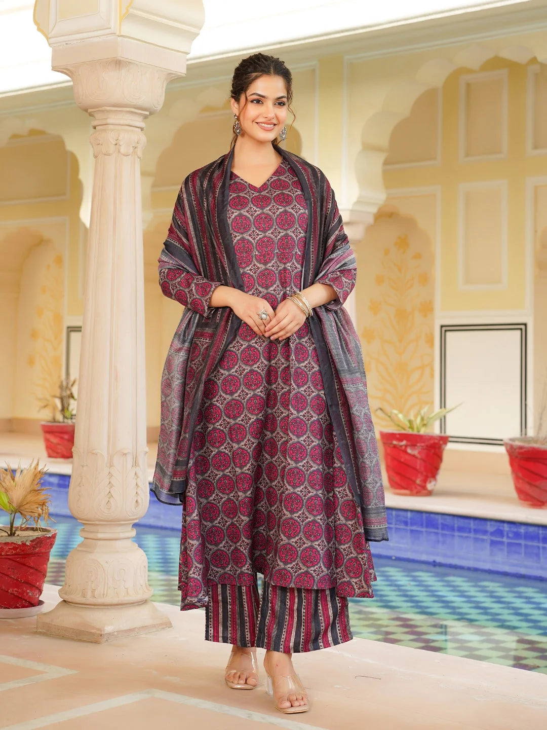 Women Pink Rayon Blend Floral Printed A-Line Kurta Palazzo With Dupatta