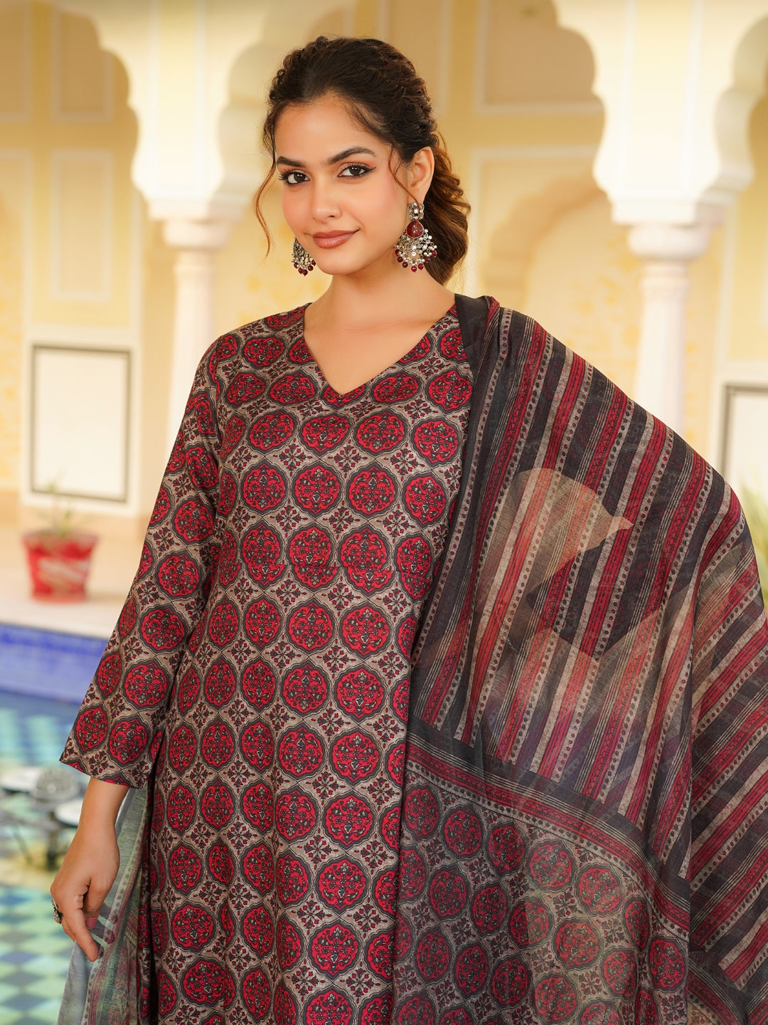 Women Red Rayon Blend Floral Printed A-Line Kurta Palazzo With Dupatta