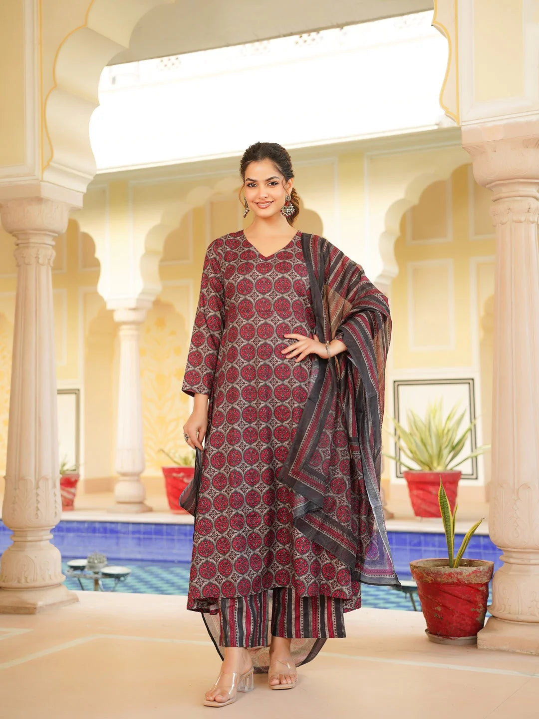 Women Red Rayon Blend Floral Printed A-Line Kurta Palazzo With Dupatta