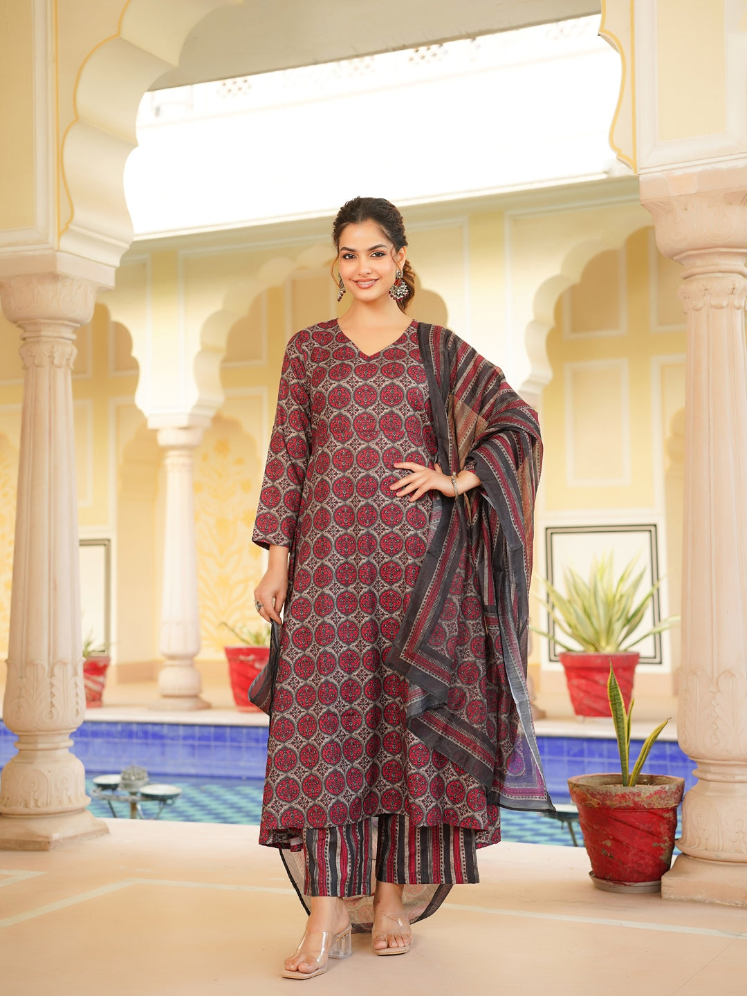 Women Red Rayon Blend Floral Printed A-Line Kurta Palazzo With Dupatta