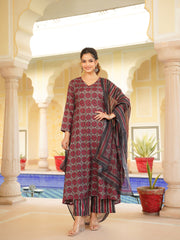 Women Red Rayon Blend Floral Printed A-Line Kurta Palazzo With Dupatta-VKSKD2332