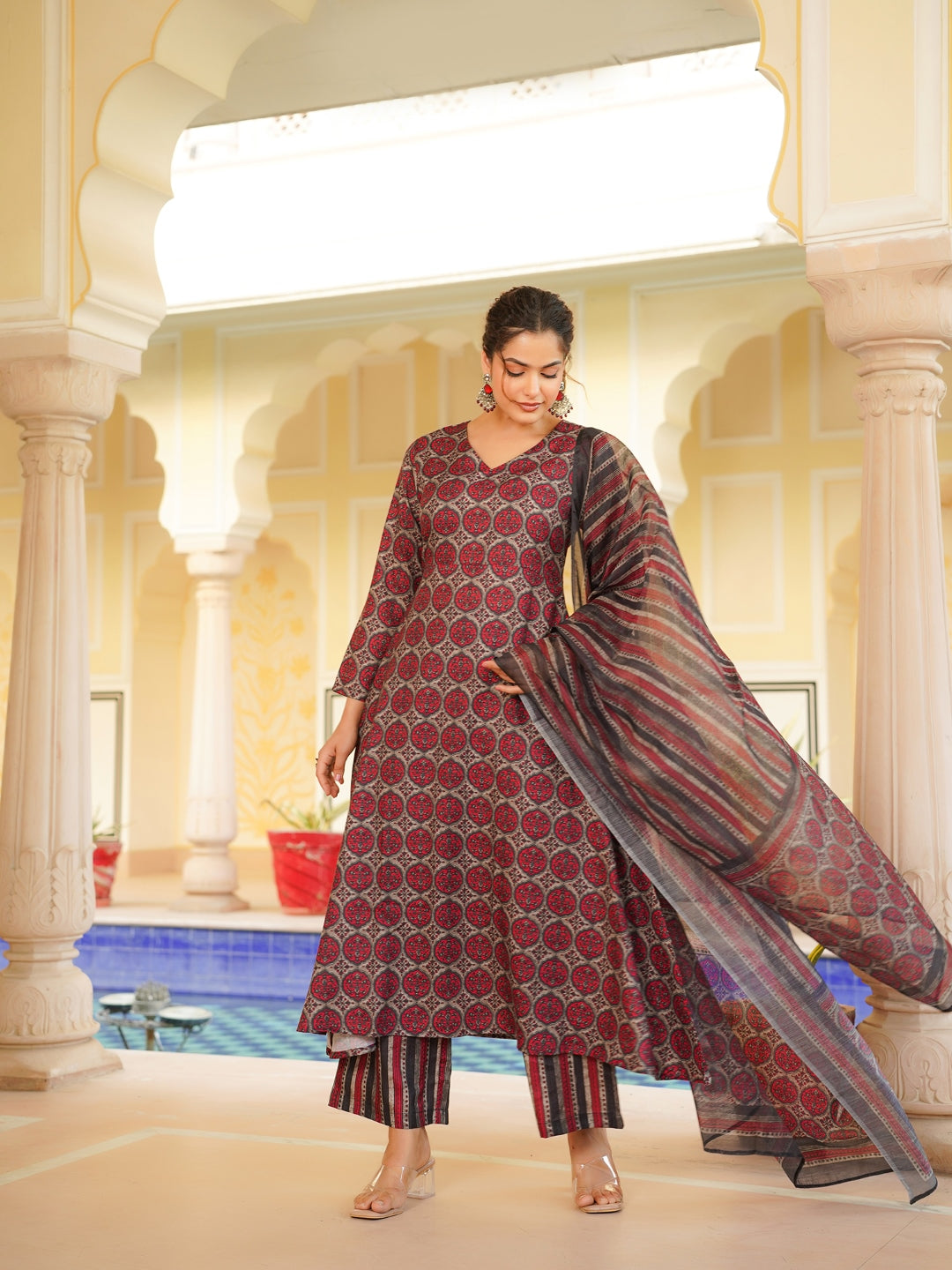 Women Red Rayon Blend Floral Printed A-Line Kurta Palazzo With Dupatta
