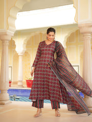 Women Red Rayon Blend Floral Printed A-Line Kurta Palazzo With Dupatta-VKSKD2332