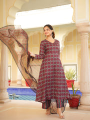Women Red Rayon Blend Floral Printed A-Line Kurta Palazzo With Dupatta-VKSKD2332