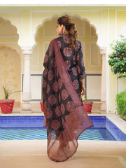 Women Black Rayon Blend Ajrakh Printed Straight Kurta Trousers With Dupatta-VKSKD2333