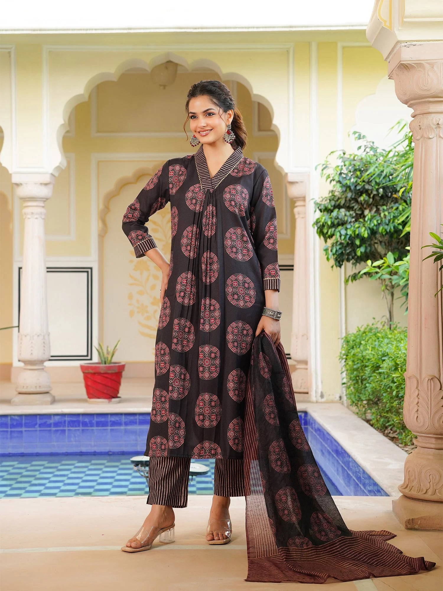 Women Black Rayon Blend Ajrakh Printed Straight Kurta Trousers With Dupatta