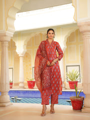 Women Red Rayon Blend Floral Printed Straight Kurta Trouser With Dupatta-VKSKD2334