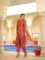 Women Red Rayon Blend Floral Printed Straight Kurta Trouser With Dupatta-VKSKD2334
