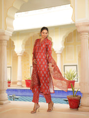 Women Red Rayon Blend Floral Printed Straight Kurta Trouser With Dupatta-VKSKD2334