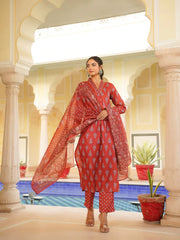 Women Red Rayon Blend Floral Printed Straight Kurta Trouser With Dupatta-VKSKD2334