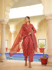 Women Red Rayon Blend Floral Printed Straight Kurta Trouser With Dupatta-VKSKD2334