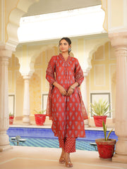 Women Red Rayon Blend Floral Printed Straight Kurta Trouser With Dupatta-VKSKD2334