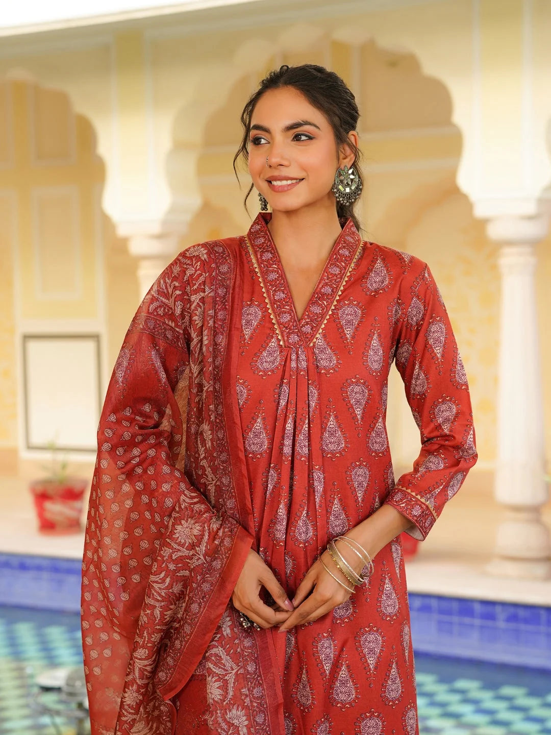 Women Red Rayon Blend Floral Printed Straight Kurta Trouser With Dupatta