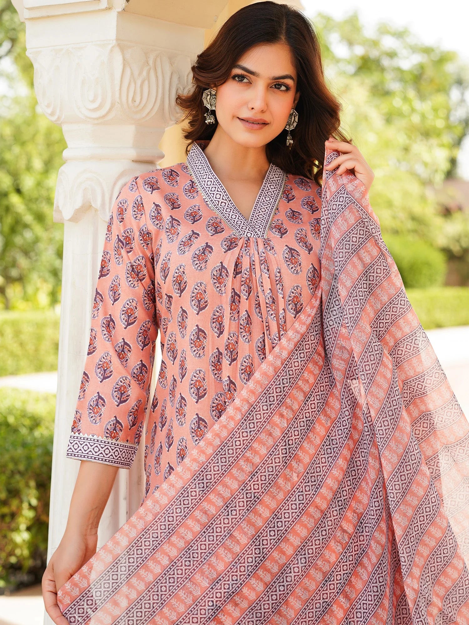 Women Peach Rayon Blend Ethnic Motifs Printed Straight Kurta Trousers With Dupatta