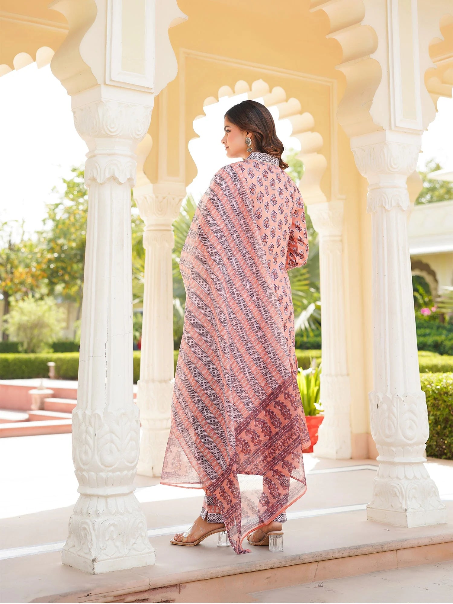 Women Peach Rayon Blend Ethnic Motifs Printed Straight Kurta Trousers With Dupatta