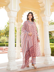 Women Peach Rayon Blend Ethnic Motifs Printed Straight Kurta Trousers With Dupatta-VKSKD2335
