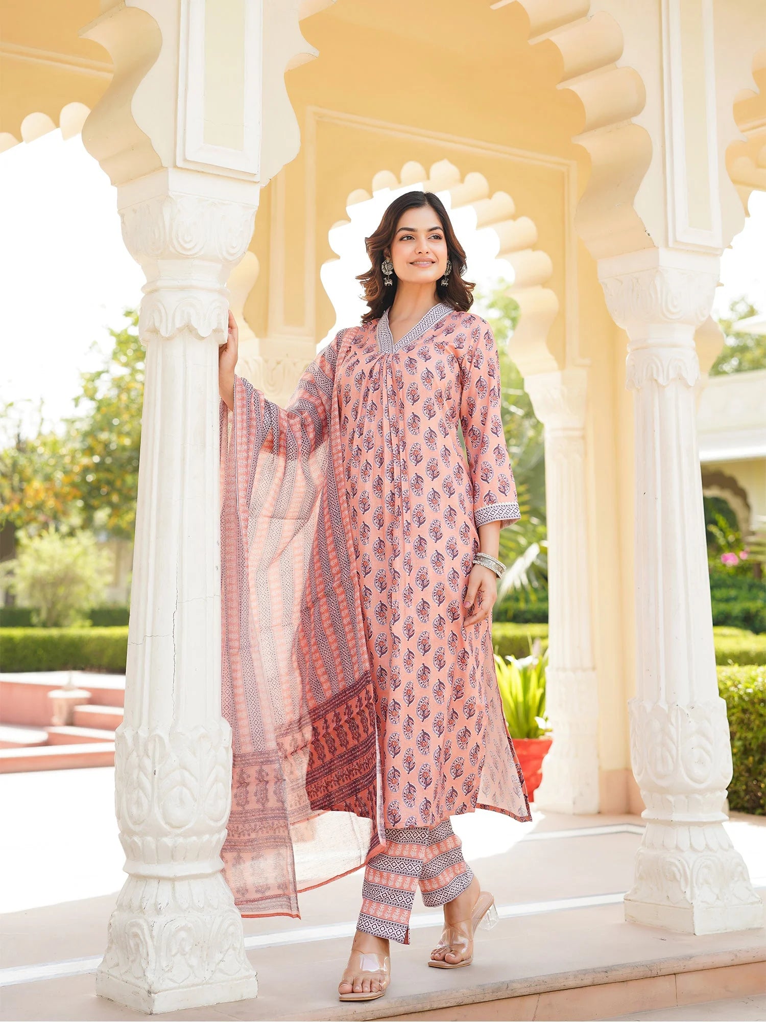 Women Peach Rayon Blend Ethnic Motifs Printed Straight Kurta Trousers With Dupatta