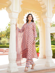 Women Peach Rayon Blend Ethnic Motifs Printed Straight Kurta Trousers With Dupatta-VKSKD2335