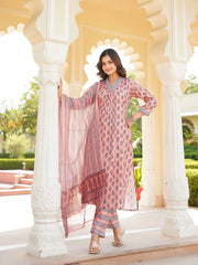 Women Peach Rayon Blend Ethnic Motifs Printed Straight Kurta Trousers With Dupatta-VKSKD2335
