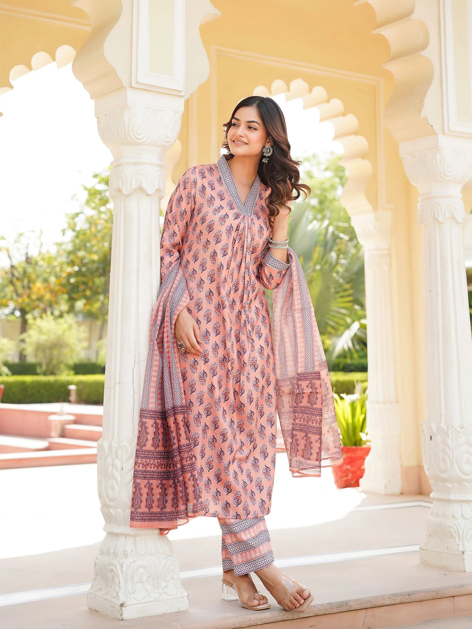 Women Peach Rayon Blend Ethnic Motifs Printed Straight Kurta Trousers With Dupatta