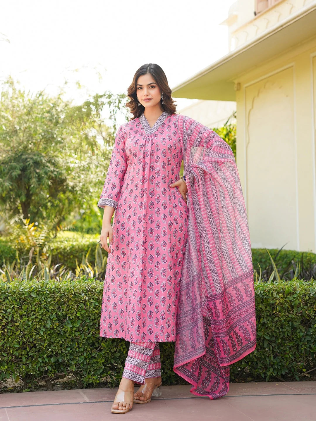 Women Pink Rayon Blend Ethnic Motifs Printed Straight Kurta Trouser With Dupatta