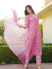 Women Pink Rayon Blend Ethnic Motifs Printed Straight Kurta Trouser With Dupatta-VKSKD2336