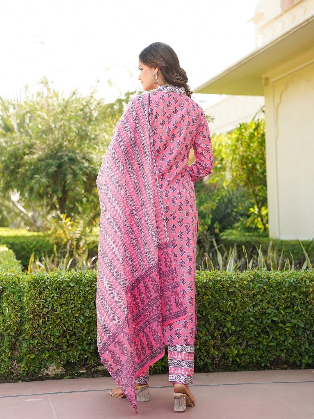 Women Pink Rayon Blend Ethnic Motifs Printed Straight Kurta Trouser With Dupatta