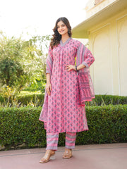 Women Pink Rayon Blend Ethnic Motifs Printed Straight Kurta Trouser With Dupatta-VKSKD2336